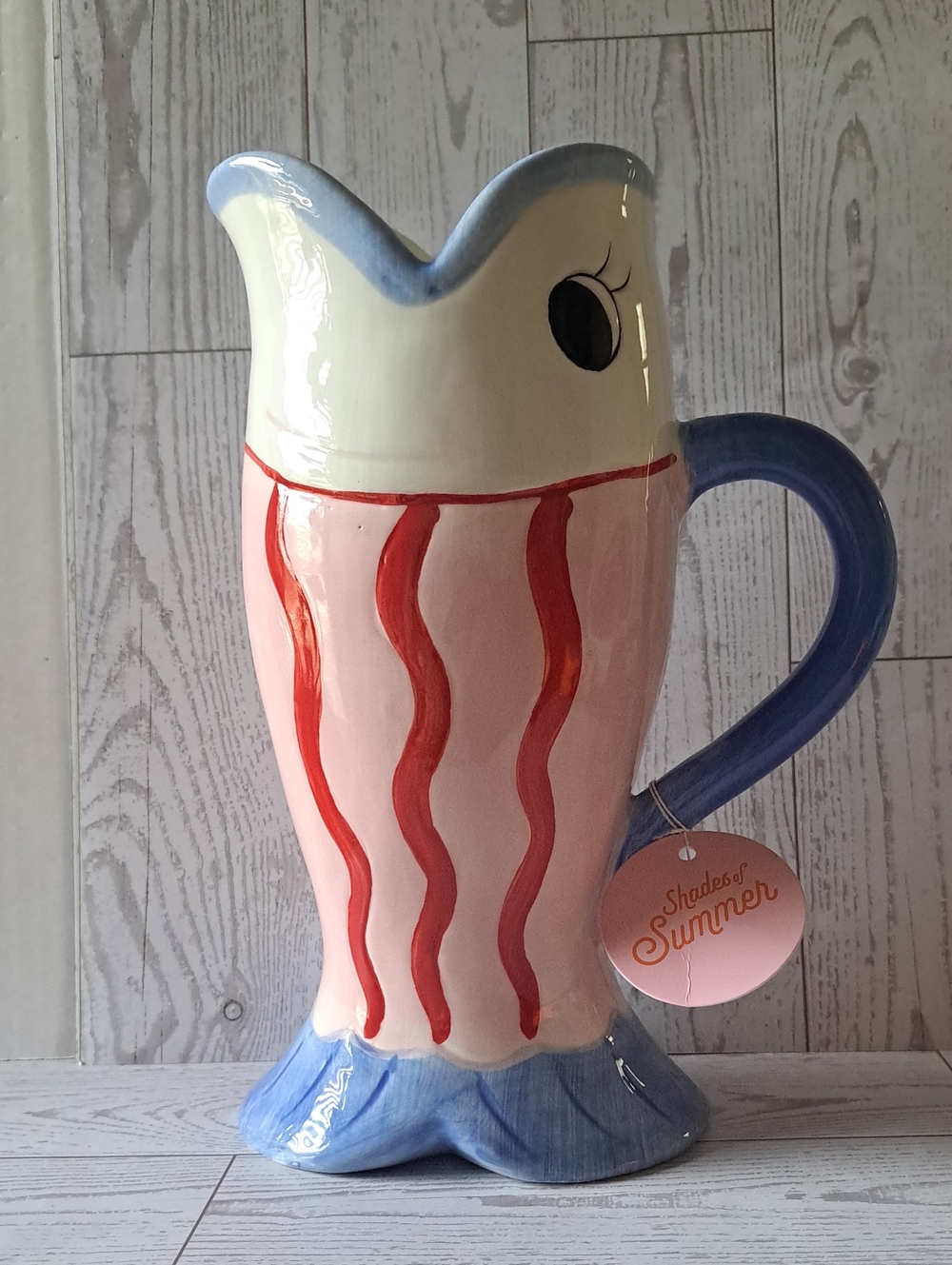 Hand-Painted Pink and Blue Ceramic Fish Pitcher